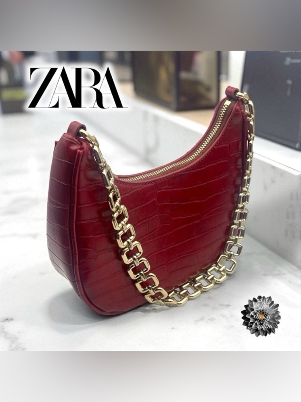 Zara Red Croc-Embossed Shoulder Bag